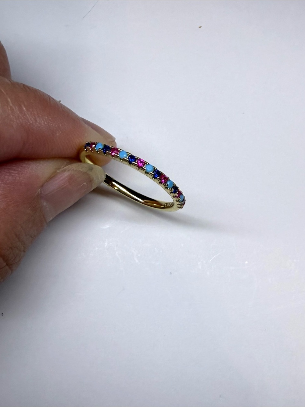 Gold-filled Stackable Ring with Blue and Pink Gem Accents Size 9